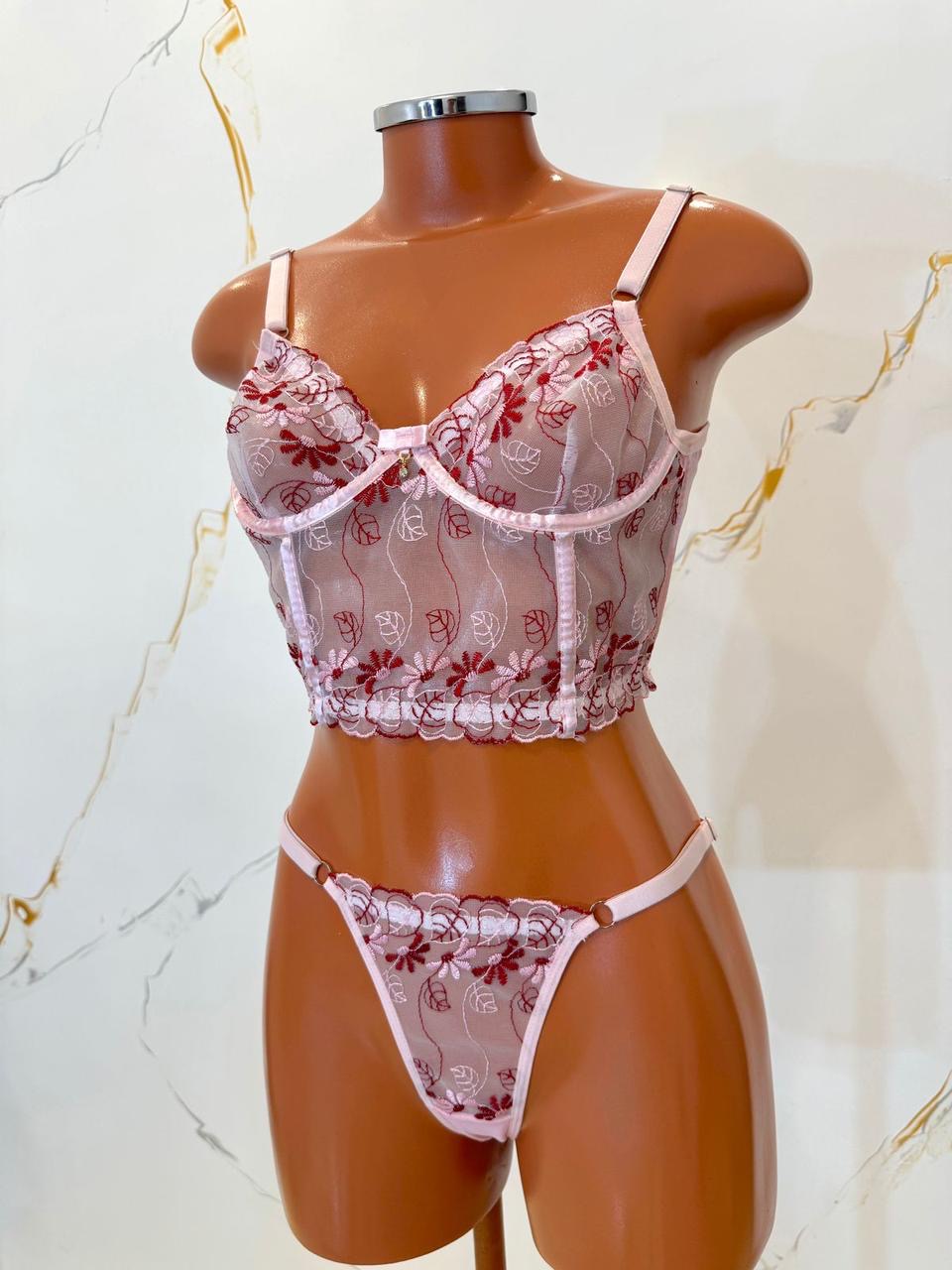 Conjunto Zoe - Corset de Tule com Bordados e Calcinha Fio