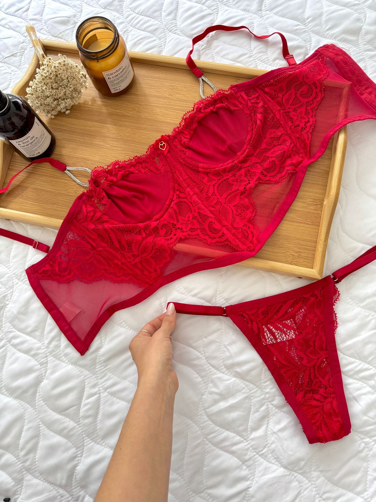 Conjunto Corset Glamour de Renda com Strass e Calcinha Renda