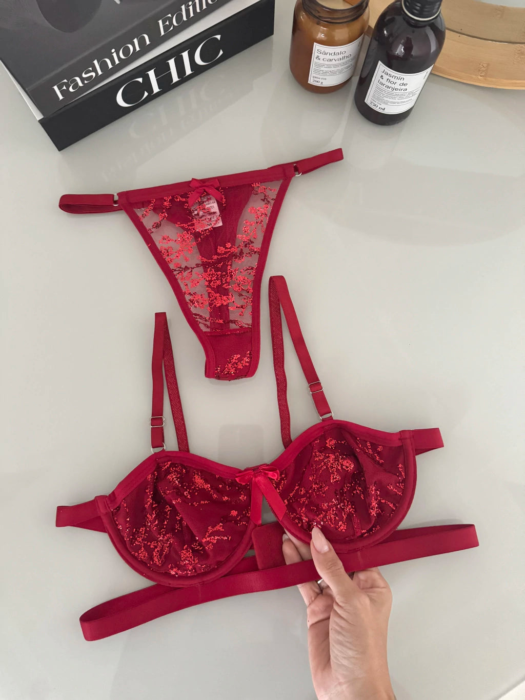 Conjunto Divine - Sutiã com Fita e Calcinha de Tule Fio