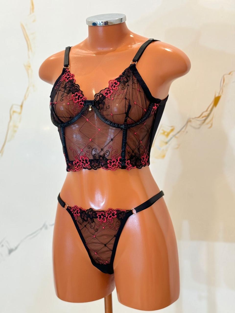 Conjunto Zoe - Corset de Tule com Bordados e Calcinha Fio