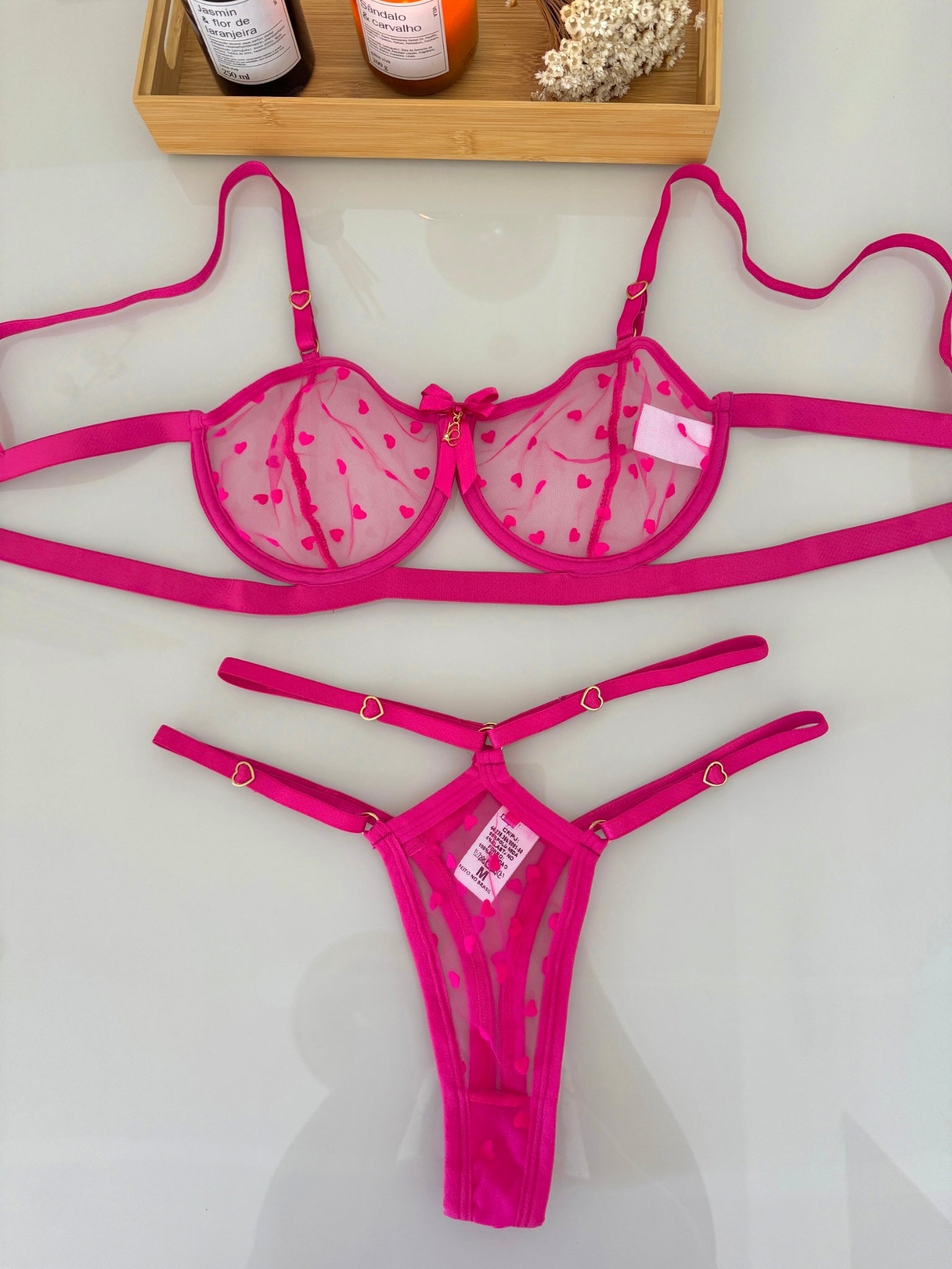 Conjunto Tentação - Sutiã de Tule com Fita e Calcinha de Fio com Regulagens