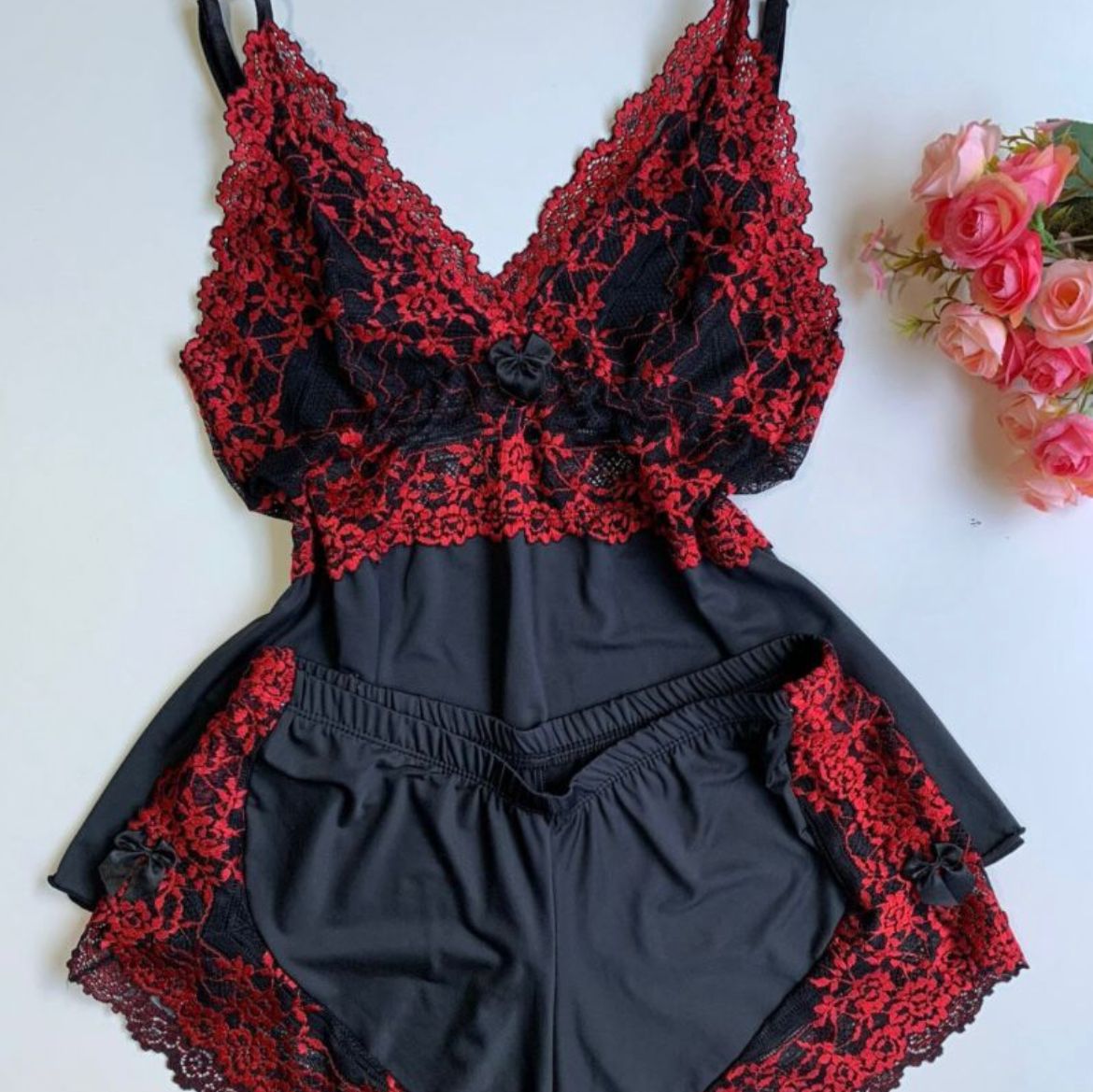 Baby Doll Luxo  - Preto com Vermelho