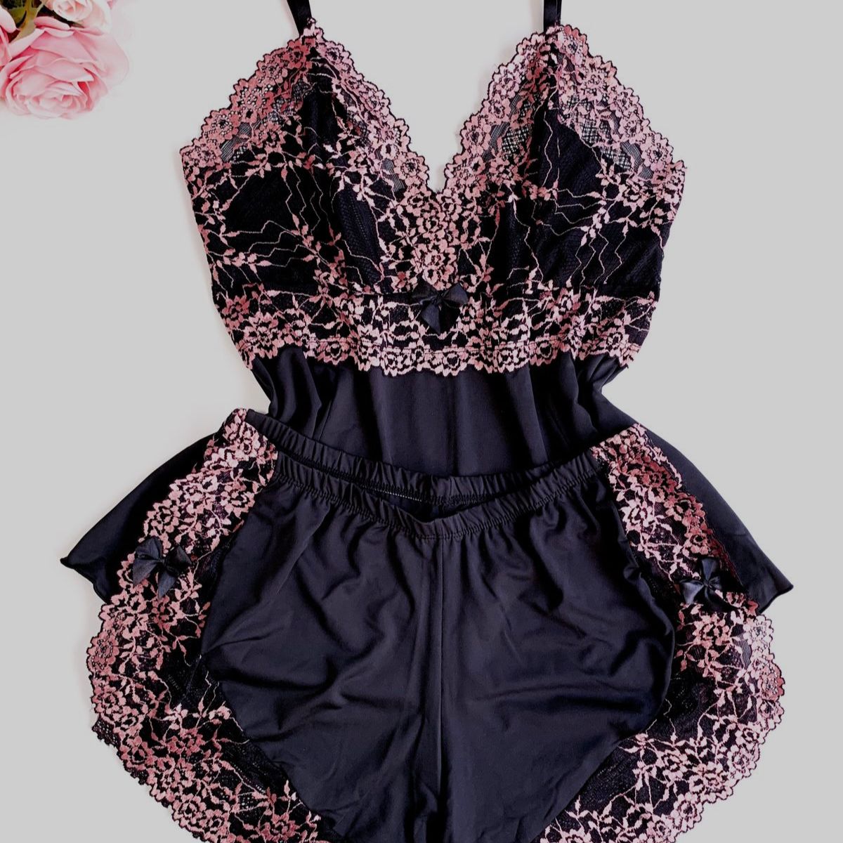 Baby Doll Luxo -  Preto com Rose