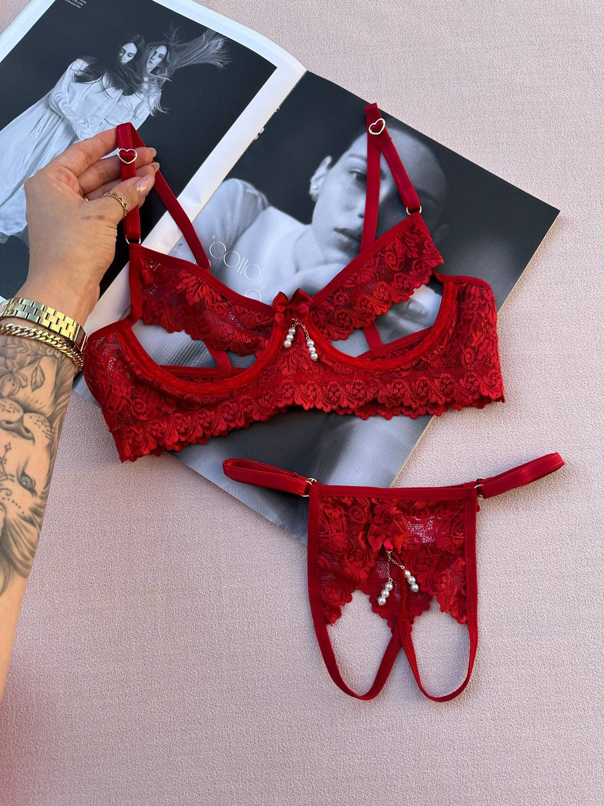 Conjunto Fogo - Sutiã Renda e Calcinha  Detalhes em Pérola